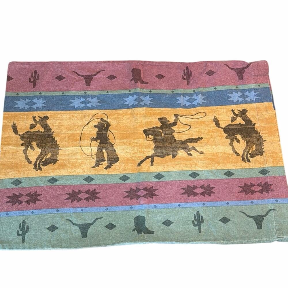 Vintage western flannel pillowcase with cowboys